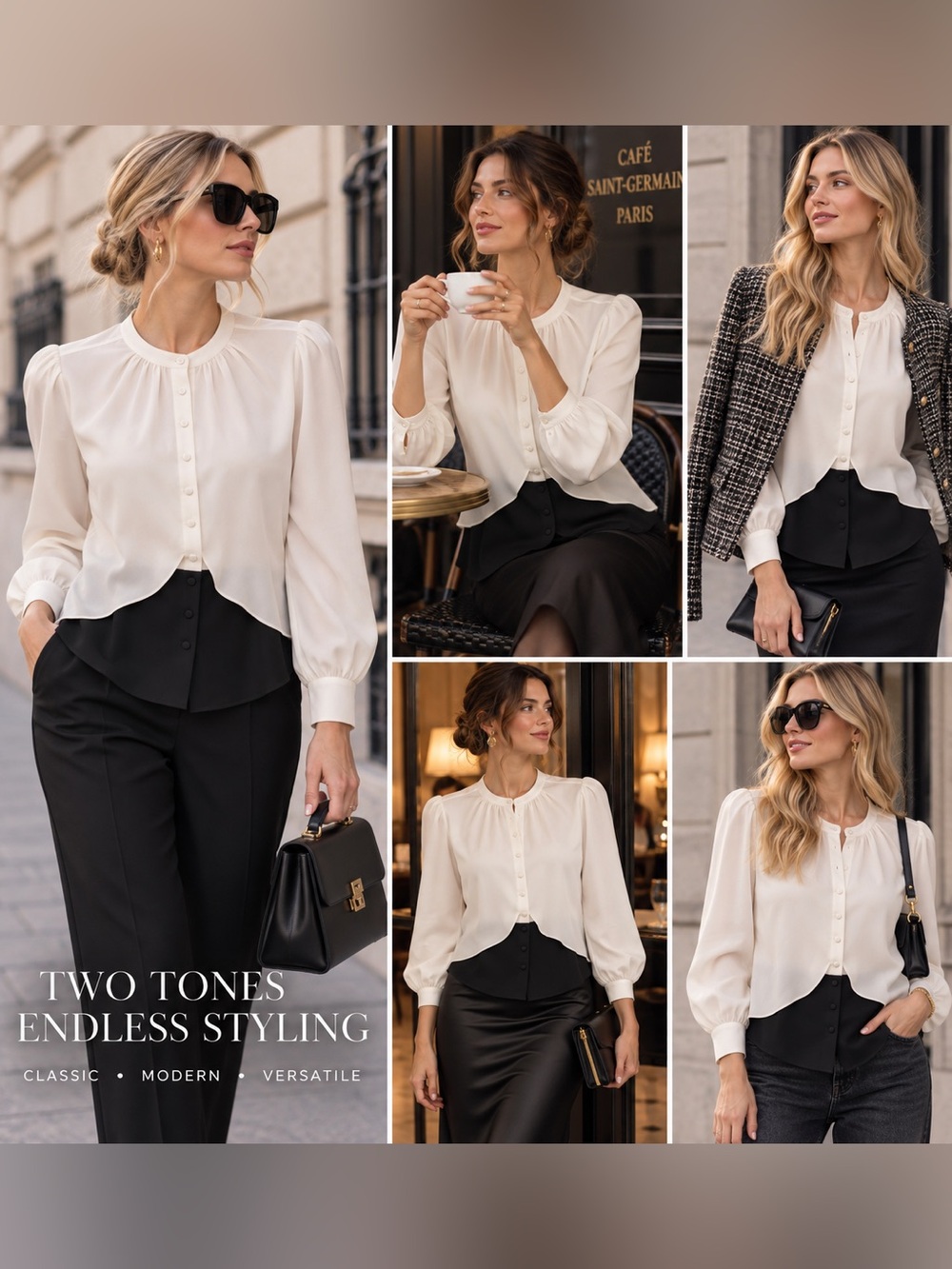 Elegant Two-Tone Ivory Blouse with Button Front